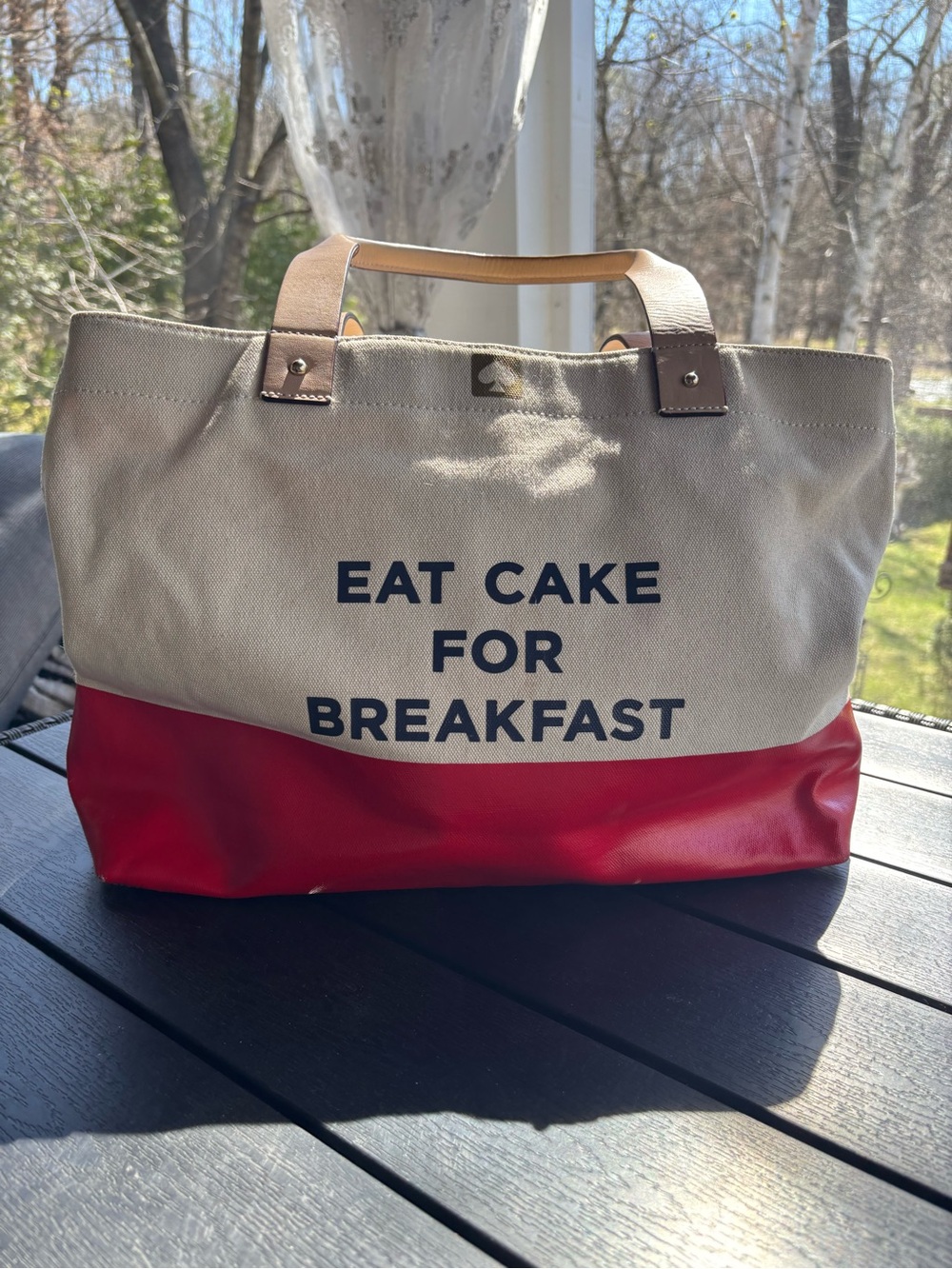 kate spade Cream and Red Canvas Tote with Slogan